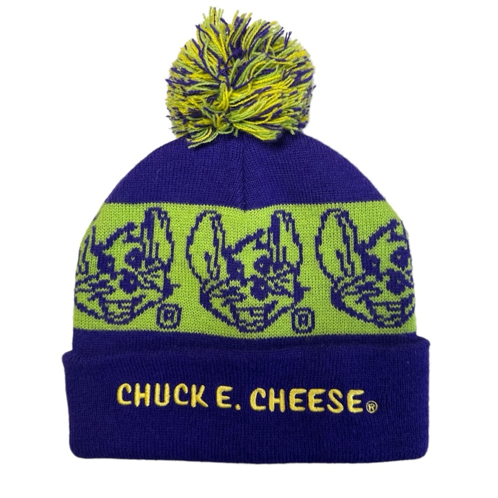 Chuck E. Cheese Purple & Green Winter Pom Pom Beanie- Youth, Adult- OS